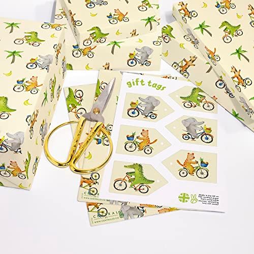 Papel de embrulho de selva 23 23 - 6 folhas de embrulho de presente com etiquetas - animais em bicicletas - elefante girafa crocodilo - papel de embrulho Safari para crianças - para aniversário ou chá de bebê - com adesivos