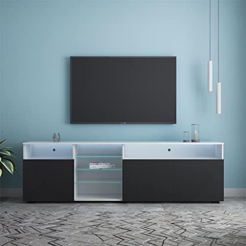 LhllHl 200x35x55cm Gabinete de TV LED brilhante com 3 portas de grande capacidade TV Stand White and Black