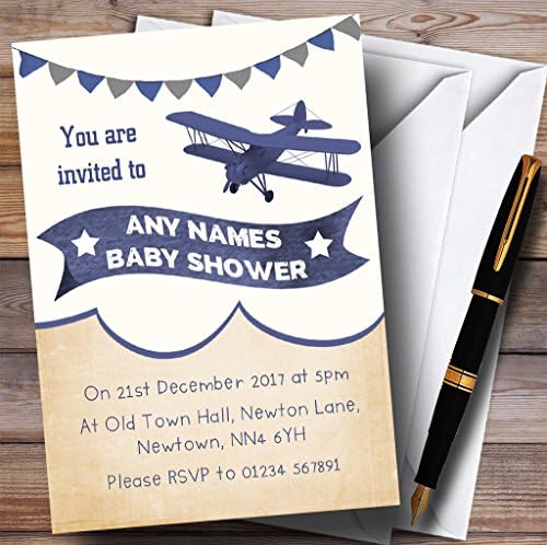 Convites azuis do avião de avião vintage convites para chá de bebê