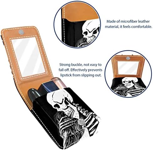 Mini Lipstick Case Arte Esqueleto LOVE Organizador de batom com espelho, fechamento de botão Tornando o suporte de couro