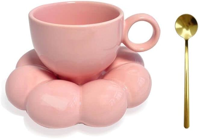 Caneca de café de cerâmica rosa rosa lioong com pires de girassol de pires combinando colher colher de chá com chá de chá para mulheres