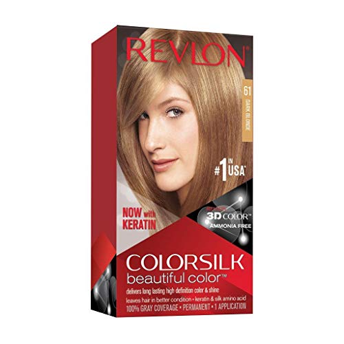 Cor de cabelo permanente por Revlon, tintura de cabelo permanente, Colorsilk com cobertura cinza, livre de amônia, queratina e aminoácidos, 61 loira escura, 4,4 oz