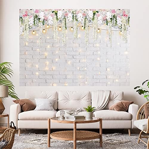 Hilioens 7 × 5ft White Wall Wall Wall Floral Cenário Bridal Bridal Wedding Wedding Shining White Flor Background Anniversary Day Party Banner Decorações