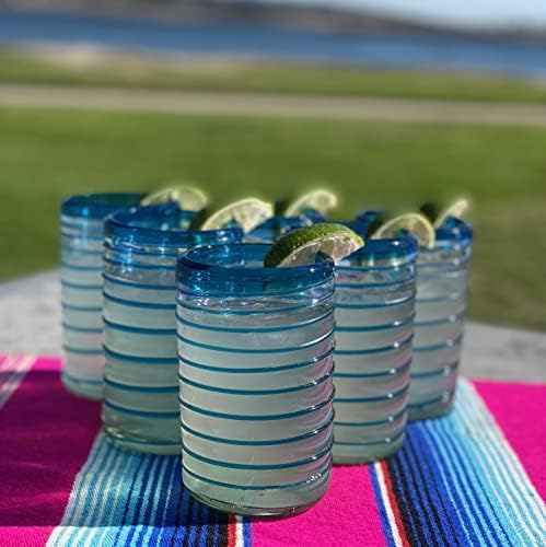 Mão soprou os copos de bebida mexicanos - conjunto de 6 copos com um design de espiral aqua…