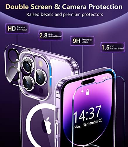 Caso magnético de Temdan para o iPhone 14 Pro Max Case, [compatível com MagSafe] [não amarelecimento] [2 PCs Protetor de tela de vidro temperado e protetor de câmera] Capa de telefone de choque fina esbelta 6.7 , Limpar