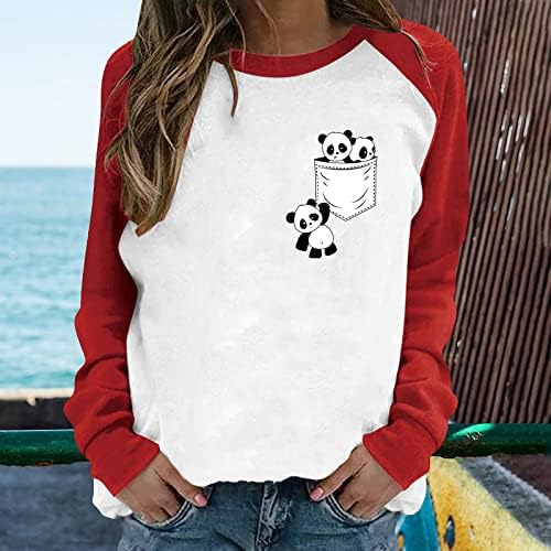 Tops de pulôver panda para mulheres de manga longa bloco de cores panda impressão camisetas