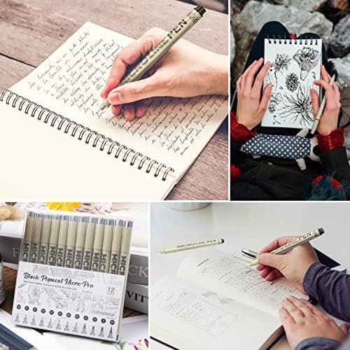 Canetas de tinta Micro-Pen FineLiner, 12 pacote preto de canetas de desenho de ponto fino preto canetas de tinta à prova d'água para ilustração de artistas, desenho, desenho técnico, anime, mangá, scrapbooking