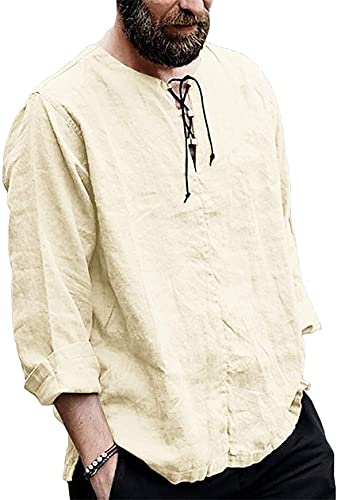 Masculino de linho de algodão henley camisa de manga longa hippie renda casual up camise