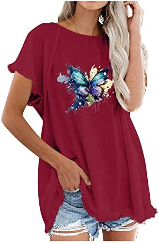 Verão feminino de linho de algodão tampas tampas de borboleta impressão de manga curta camisetas de túnica casual colheita de bainha