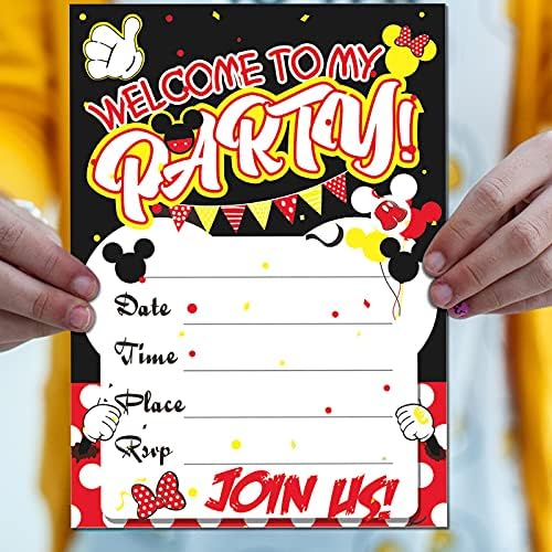 24 Convites de festa de aniversário de mouse com envelopes e adesivos, cartões de convite para festa de aniversário
