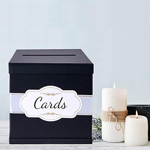 Caixa de cartão -presente preto - fita de cetim branca e dourada e etiqueta de 10 x10 grande - caixa de memória para funerais ou graduações, caixa para recepções de casamento aniversários ou chuveiros de bebê