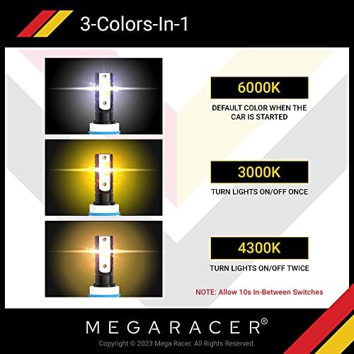 Mega Racer 9005/HB3/9145/H10 Bulbo de farol de LED, lâmpada de substituição de 3 cores alternável, 50W 8000 lumens led chips IP68, pacote de 2