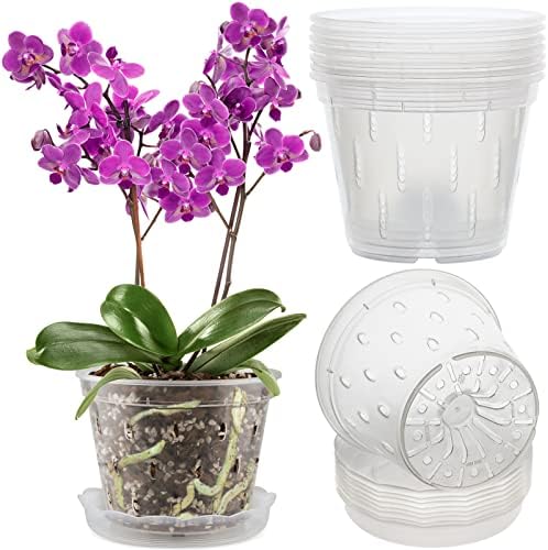 Pote de orquídea Remiawy, 8 vasos de orquídea com buracos e pires, vasos de orquídea de 5,5 polegadas transparentes para repotting, planta de planta de flor de plástico Planta interior externa, plantador de orquídeas com fenda respirável