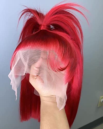 Yixing cor vermelha bob curto peruca sedosa reta renda de renda frontal cabelos humanos pré -arrancados 13x4 cabelos virgens brasilos vira