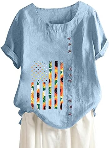 Tops da primavera Fragarn Womens 2022, linha de algodão elegante, camiseta curta de manga curta impressão de girassol