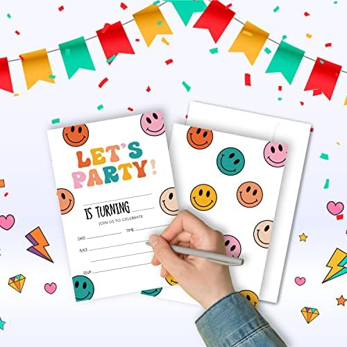 20 sets preppy colorido smiley rosto de festa de aniversário convites com envelopes, vamos festejar para festas preppy duplo lados