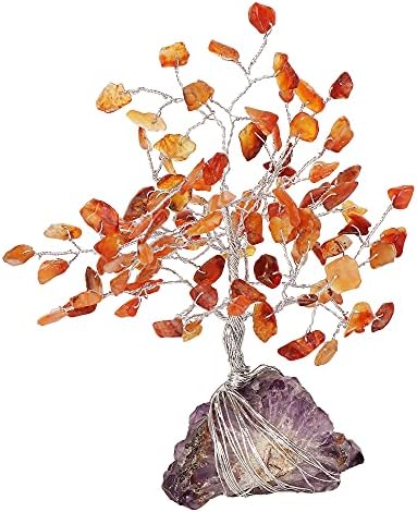 Árvore de cristal de chakra carneliana natural com base de ametista com propriedades de cura, árvore de dinheiro do Bonsai Feng