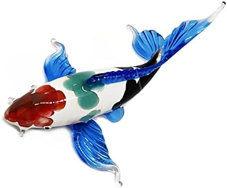 Witnystore 4½ de barbatanas azuis - peixe branco koi com cor de cores manchas de vidro soprado estatueta em miniatura de espelho japonês figura de cristal animal réplica réplica colecionável Decoração de presente