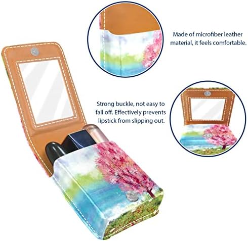Mini estojo de batom com espelho para bolsa, mola de pintura a óleo de couro bolsa de maquiagem cosmética, segura 3 tubos de tamanho