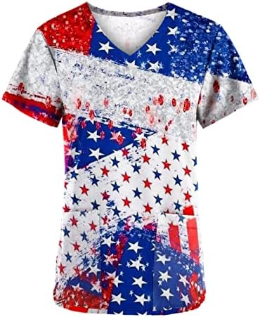 4 de julho de 2023 Scrub_tops for Women American Flag Print Shert V Camise