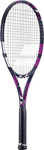 Raquete de tênis aerodinâmica Babolat Boost amarrada com o intestino branco Babolat Syn com tensão de gama média