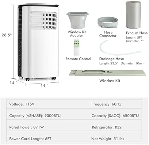Ldaily 9.000btu Air Conditioner, unidade CA de 3 em 1 rolamento com controle remoto e desumidificador e ventilador, timer inteligente