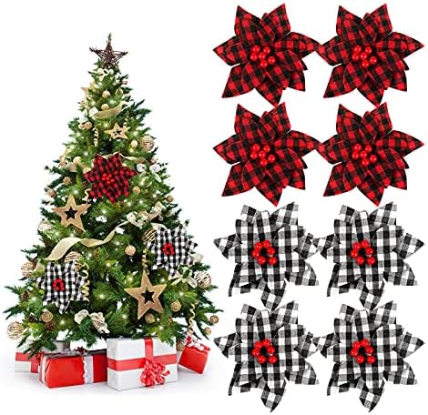 8 peças Buffalo Plaid Poinsettias Árvores de Natal Ornamentos de Árvore de Natal Poinsettia Decores de Natal Poinsettias