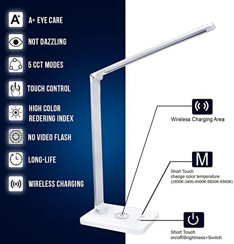 WBM Smart LED Table Lamp, lâmpada de mesa dobrável com carregador sem fio e porta USB, níveis de três brilhos, para