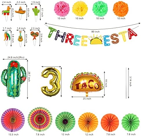 Decoração de festas de terceiro aniversário mexicana, decorações de festas de três etras, 3º nascimento Cinco de Mayo mexicano Decorações de festas de taco com fãs de papel de festa e flores de papel pom para bebê