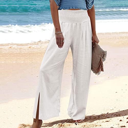 Calças de linho casual de verão para mulheres calças de perna lisas soltas de largura com calças de praia com bolsos confortáveis