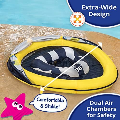 SwimSschool Deluxe Baby Float com dossel ajustável - 6-24 meses - Baby Swim Float com Splash & Play Atividade Centro de segurança Sento - Marinha/branca
