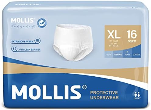 Mollis Incontinência Adulta e Roupa Unders pós -parto para homens e mulheres, roupas íntimas de proteção descartáveis ​​com proteção contra vazamentos durante a noite, controle de odor, XLARGE, 64 contagem