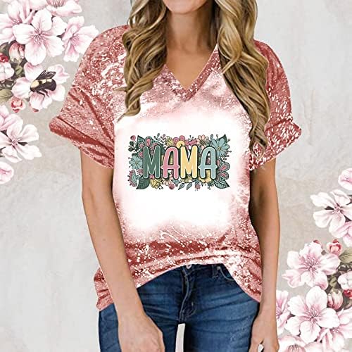 Feliz Dia das Mães T-shirt Mulheres Floral Mama Letter Tops Casual Manga curta V Camisas branqueadas de pescoço blusa