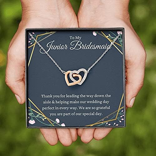Jóias de cartão de mensagem, colar artesanal- Presente personalizado corações entrelaçados, colar de dama de honra júnior Presente