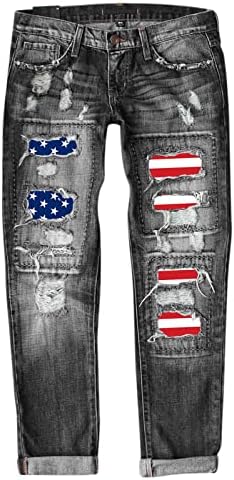 Jeans de jeans feminino Independence Print calças rasgadas calças de fundo jean sell para mulheres plus size