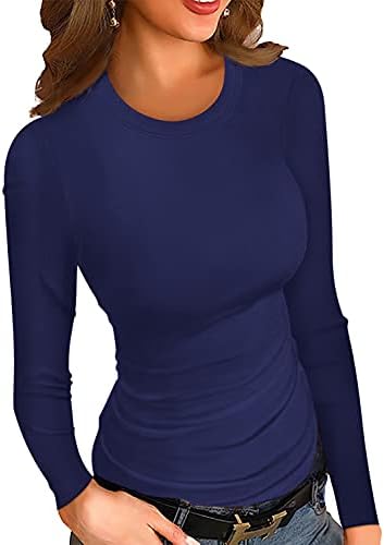 Hwokefeiyu feminino caia de manga longa de manga longa e esbelta camisetas básicas de pescoço redondo