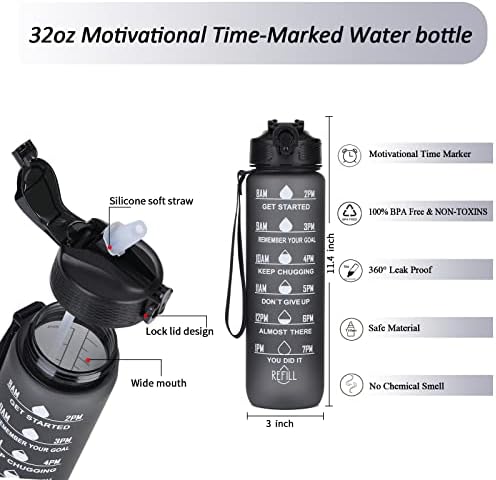 Bektuto 32 oz de garrafa de água com horários para beber e palha, motivação Sports Water Bottle com marcador de tempo, garrafa de plástico