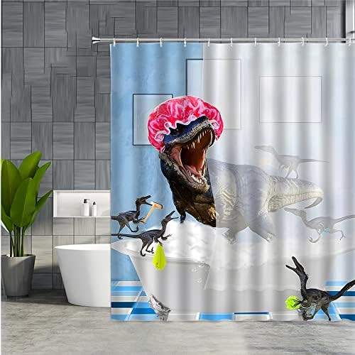 Dephoto Curta de chuveiro de gato Dephoto Fun Dinosaur T-Rex Kids Kitty Blaster Sky Wilderness Creative Banheiro Decoração