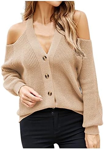 Suéter feminino coloração de suéter sexy de botão com decote em V para o ombro.