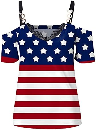 Camiseta da blusa para meninas adolescentes de manga curta ombro frio 2023 Lace algodão vneck zip up bandeira americana camiseta