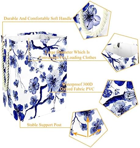 Blue floral chinês tinta tinta lavanderia sacos de armazenamento de cesto embutido com suportes destacáveis ​​cesto de roupa dobrável