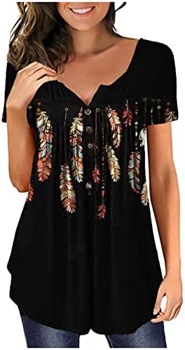 túnica lcepcy tops para mulheres por toda a camiseta impressa V Botão de pescoço Roughed Bloups Summer Casual Casual