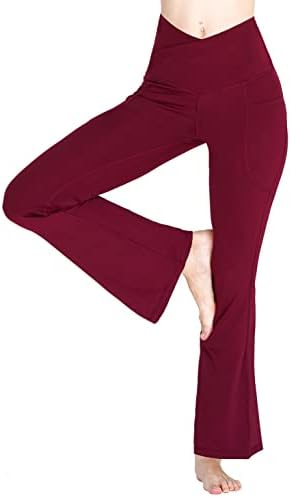 Calças de ioga crossover queimadas femininas com bolsos, perneiras largas de cintura alta perna larga para mulheres