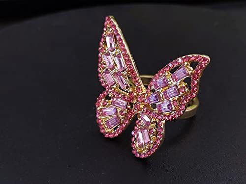 Anel de declaração de borboleta cz rosa para mulheres meninas ouro banhado boho cristal