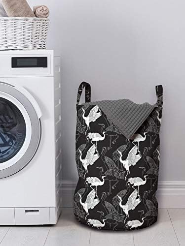Bolsa de lavanderia de Crane de Ambesonne, silhuetas monocromáticas de padrão de pássaros e estilo japonês, cesto de cesto com alças fechamento de cordas para lavanderias, 13 x 19, preto e branco