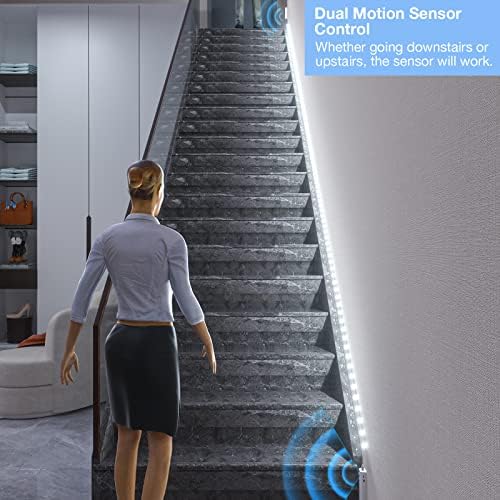 Wobane Dual Motion Sensor Light Faixa, recarregável de 16,4 pés de tira LED, luz de fita de 150 LEDS para escadas, sob o armário,