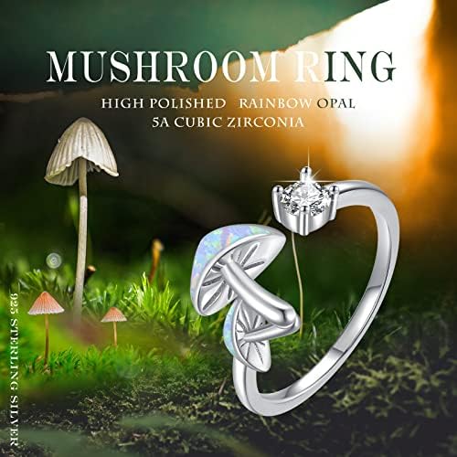 Anel de cogumelo do ohoyoo ajustável S925 Sterling Silver Mushroom Opal Zircão aberto anel de cogumelo de jóias de jóias para mulheres adolescentes