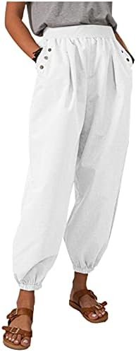 Calças de linho de algodão da mulher meymia, 2023 Summer Womenm Cor de cor sólida Casual perna larga cintura elástica calça