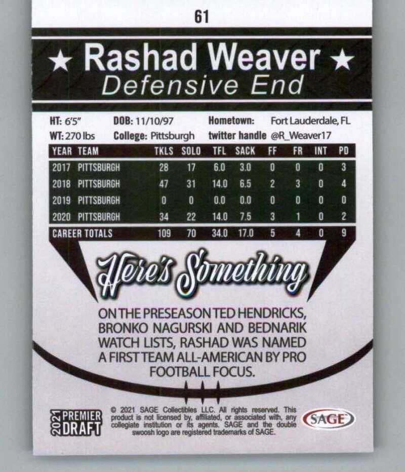 2021 Sage Hit Premier Draft Silver 61 Rashad Weaver RC Rookie Pittsburgh Panteras Cartão de Futebol