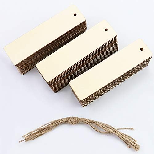 Wykoo 50 PCs em branco Tags de presente de madeira etiquetas, artesanato de madeira retângulo Diy em branco pendurar tags de presente com cordas, marcadores de madeira em branco, 4,7x1,3 polegadas.